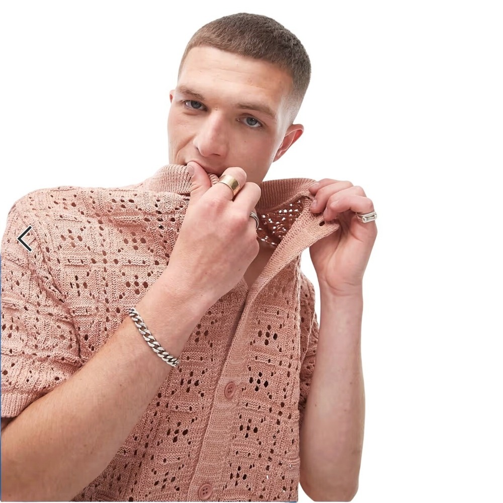 Topman Knitted Pointelle Button Through Shirt S Pink Open Knit Camp Polo Resort